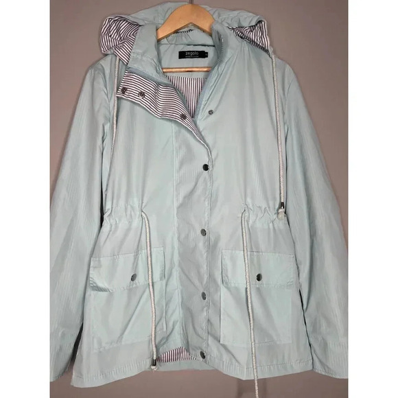 Zegolo baby blue & stripes hooded rain jacket coat outdoor women’s size Small - Picture 2 of 5